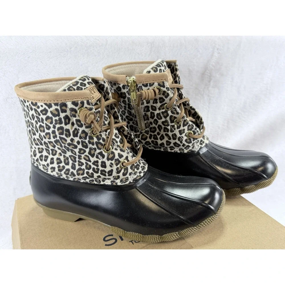 Sperry Saltwater Duck Boots Womens 6.5 Leopard Print Animal Multi STS85919